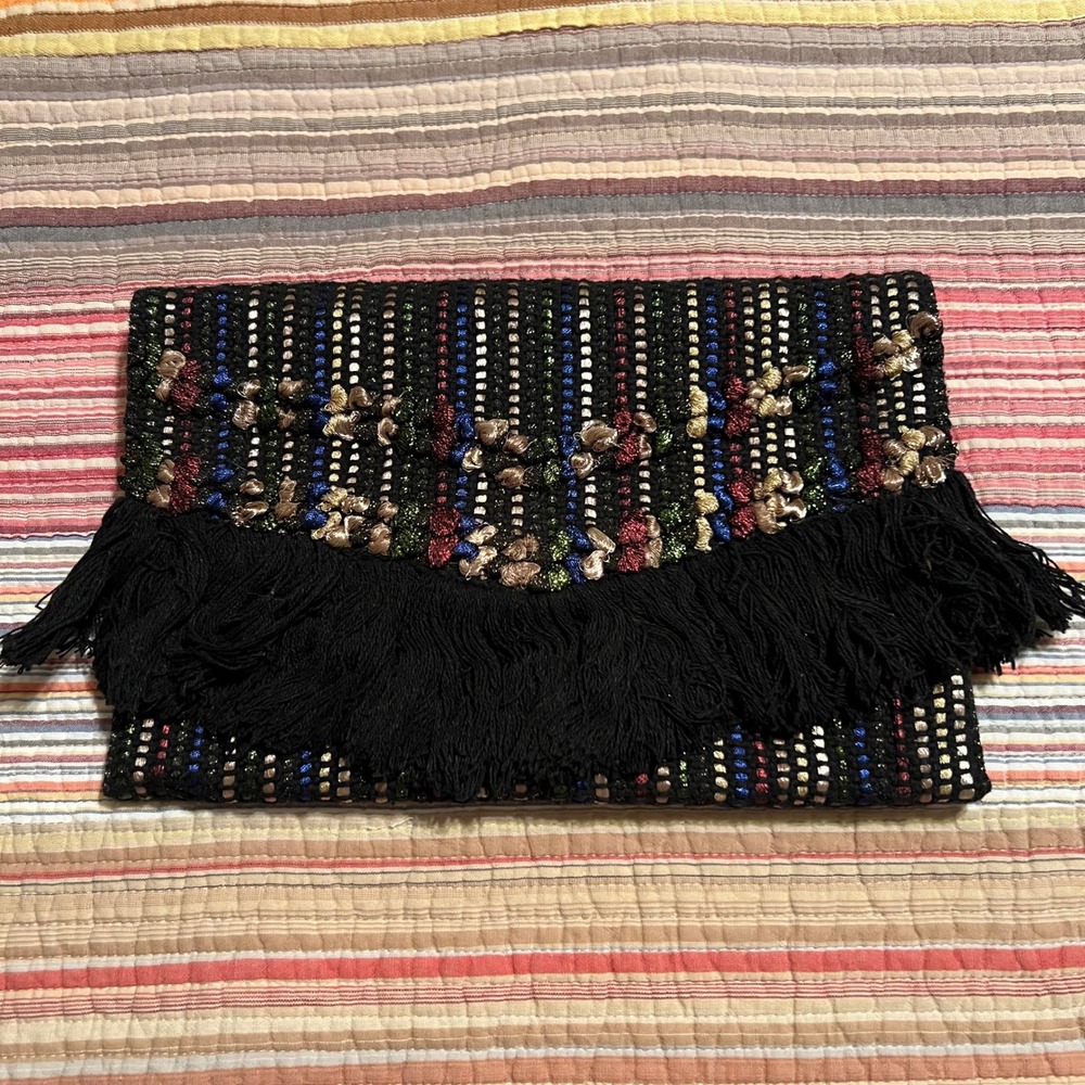 Stella & Dot Clutch Evening Bag Black Metallic Fringe Embellished Foldover Women